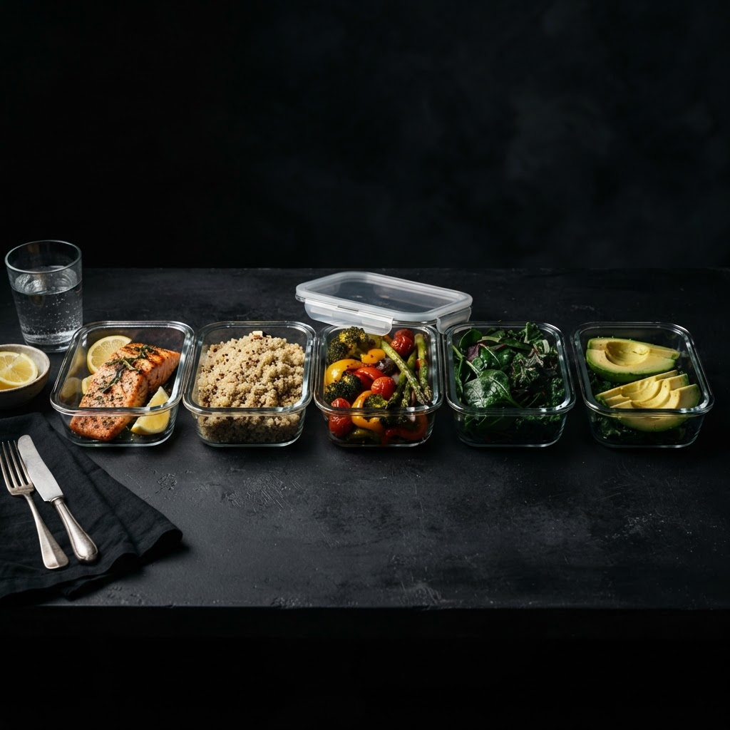 Meal prep containers filled with grilled salmon, quinoa and roasted vegetables
